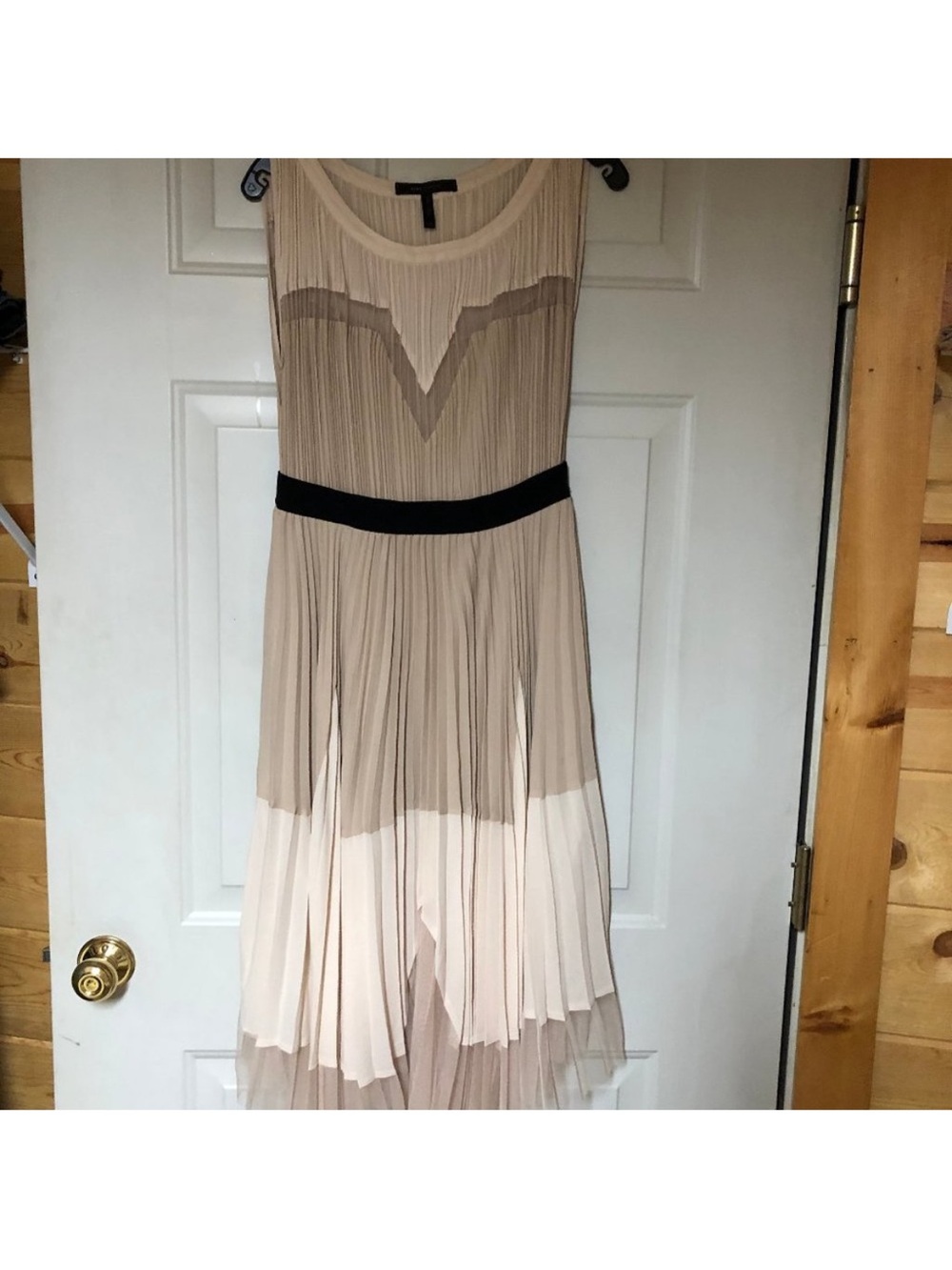 BCBGMaxAzria Two-Tone Pleated Midi Dress with Black Waistband